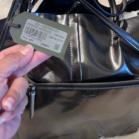 New w 🏷️ tags. ALL SAINTS Pewter Metallic silver Tote Bag, w/ extra pouch - Picture 7 of 10